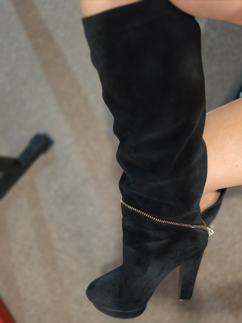 Women's Black Suede High-Heel Knee Boot with Gold Zip